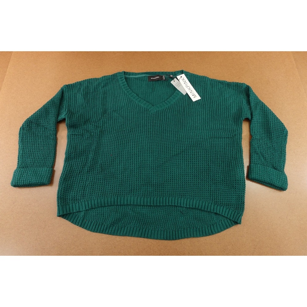 MinkPink Womens Large Forrest Green Textured Knit V Neck Grayson Sweater NWT